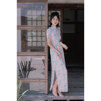 Jasmine cheongsam spring and summer three-point sleeve half-open long retro literary art Daily silk cheongsam Peach