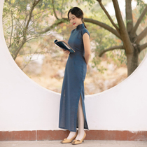 Jasmine cheongsam small sleeve half placket long style daily solid color linen Cheongsam and other smoky rain