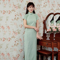 Jasmine cheongsam spring and summer new products short sleeve full open long retro daily lace silk cheongsam bamboo branch