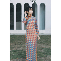 Jasmine cheongsam eight-point sleeve full-open long retro literature and art everyday people silk cheongsam neon