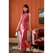 Jasmine cheongsam spring and summer completely sleeveless full open crotch long vintage art Daily silk cheongsam red Ling