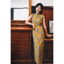 Jasmine cheongsam small sleeve side zipper mid-length retro daily printing silky cotton fabric cheongsam Osmanthus honey