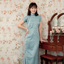 Jasmine cheongsam spring and summer new products short sleeve full open long retro daily lace silk cheongsam Flower Pool