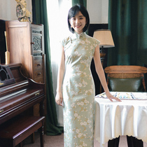 Jasmine cheongsam spring and autumn small sleeve side zipper long vintage daily printed linen cheongsam green plum
