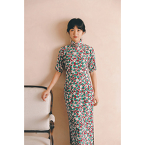 Jasmine cheongsam summer four-point sleeve half-open long retro literary daily printing silk cheongsam tassel