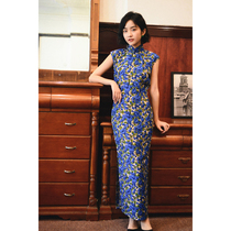 Jasmine cheongsam spring and summer small sleeve side zipper long retro daily printed silk silk cheongsam forget-me-not