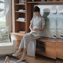 Jasmine August autumn season new three-point with sleeves without Province full open long retro daily silk cheongsam calligraphy