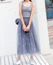 Star gauze skirt skirt women 2018 spring summer new Korean version of high waist mesh long embroidery A- line dress