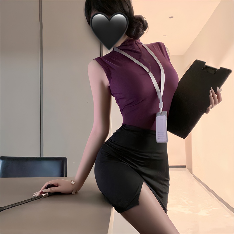 Elegant Ol Uniform Half-High Collar Slim-Fit Sleeveless Vest Purple T-Shirt Blue Short Top Bodycon Skirt Two-Piece Set