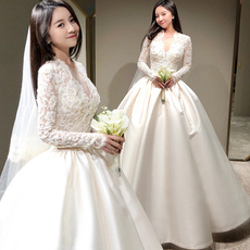 Свадебное платье 法式赫本缎面长袖婚纱2020新款森系新娘拖尾超仙公主显瘦梦幻秋冬