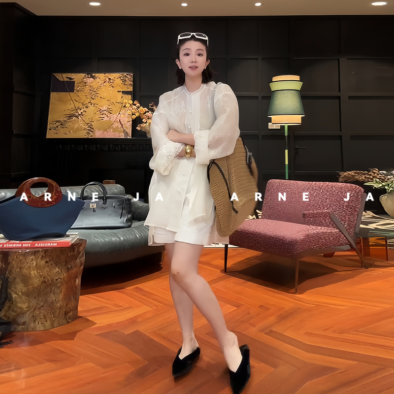 「Arne Ja」Round Neck Double-Layer Gauze Lace Lightweight Silk Chiffon Top Shirt Jacket D61Sc3083 「Arne Ja」Round Neck Double-Layer Gauze Lace Lightweight Silk Chiffon Top Shirt Jacket D61Sc3083