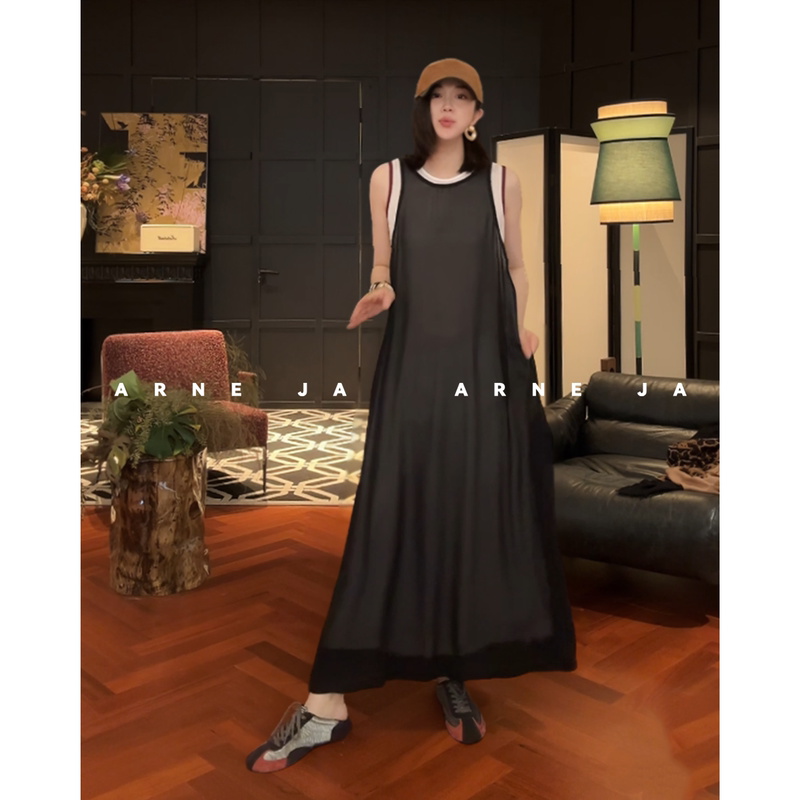 「Arne Ja」Deconstructed Nautical Stripes Contrasting Color Layered Sheer Dress D61Sl1059
