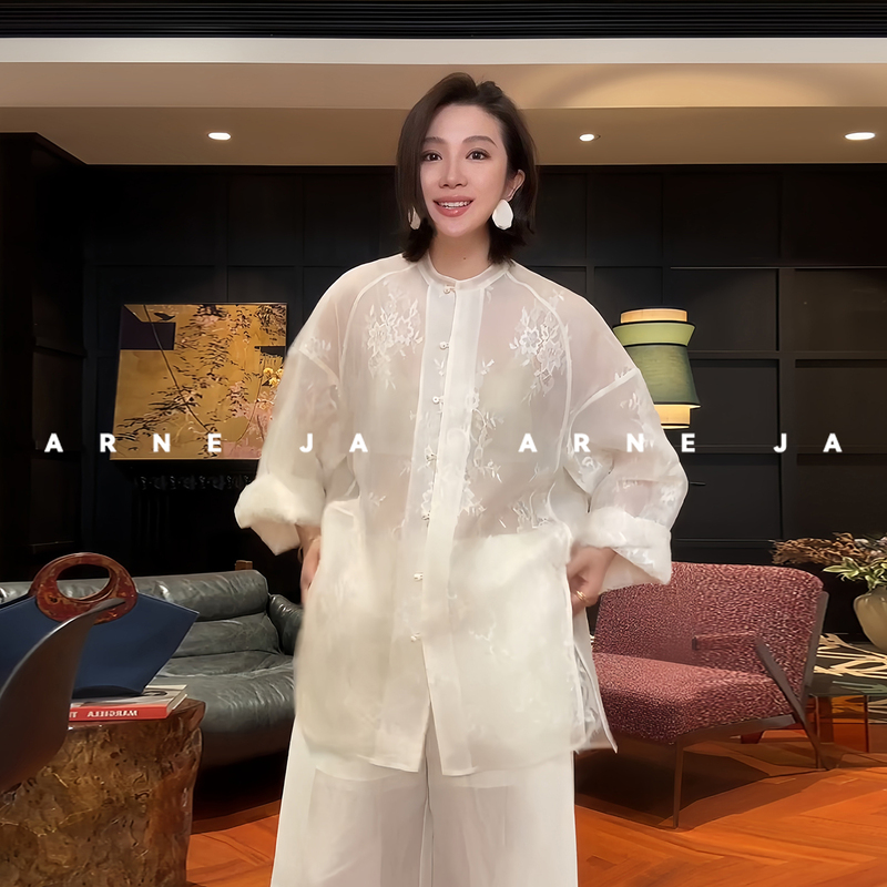 「Arne Ja」Round-Neck Double-Layer Gauze Lace Lightweight Jacket Summer Sun Protection Silk Gauze Light and Shadow Top 「Arne Ja」Round-Neck Double-Layer Gauze Lace Lightweight Jacket Summer Sun Protection Silk Gauze Light and Shadow Top