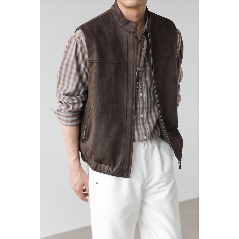 Zpz Old Money Style Suede Stand Collar Jacket Vest Trendy Men's Coat Autumn Loose Sleeveless Vest Retro Waistcoat