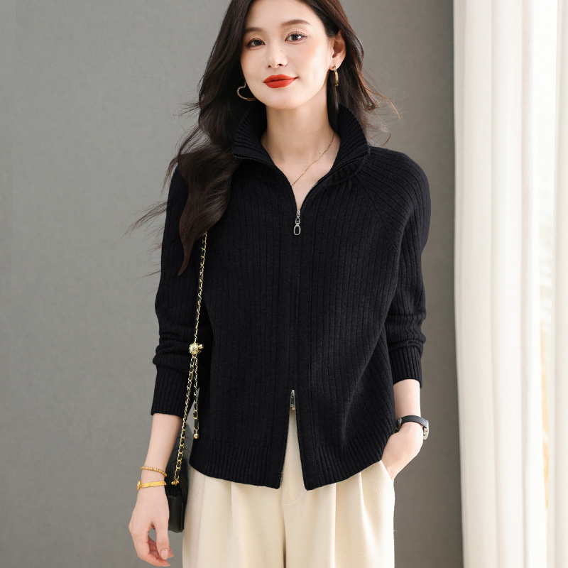 26 Spring and Autumn Turn-Down Collar 100% Pure Wool Cardigan Knitted Sweater Women's Zipper Jacket Zhejiang Tongxiang Puyuan Wool Sweater