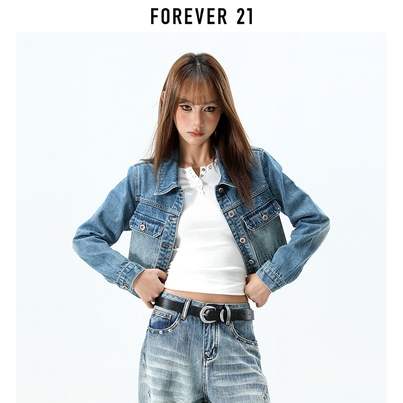 Forever 21 American Style Spicy Girl Blue Denim Short Jacket for Women, New Spring Model, Vintage Washed, Versatile and Slimming Jacket