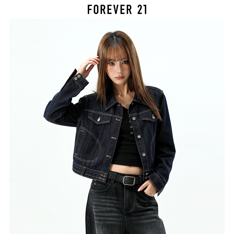 Forever 21 American Retro Dark Blue Denim Short Jacket for Women, New Spring Design, Loose-Fitting Jacket Top