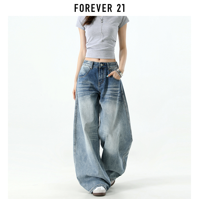 Forever 21 American Retro Light Blue Scimitar Jeans for Women, New Spring Low-Waist Slimming Wide-Leg Pants That Cover the Body