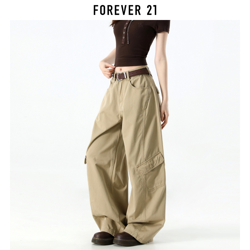 Forever 21 American-Style Khaki Workwear Wide-Leg Jeans for Women, New Spring Model with Multiple Pockets, Slimming Straight-Leg Pants
