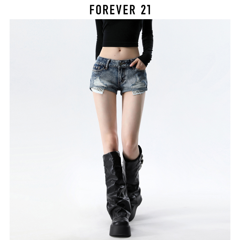 Forever 21 American Retro Blue Ripped Low-Waist Denim Shorts for Women, New Summer Style, Rolled Hem Hot Pants