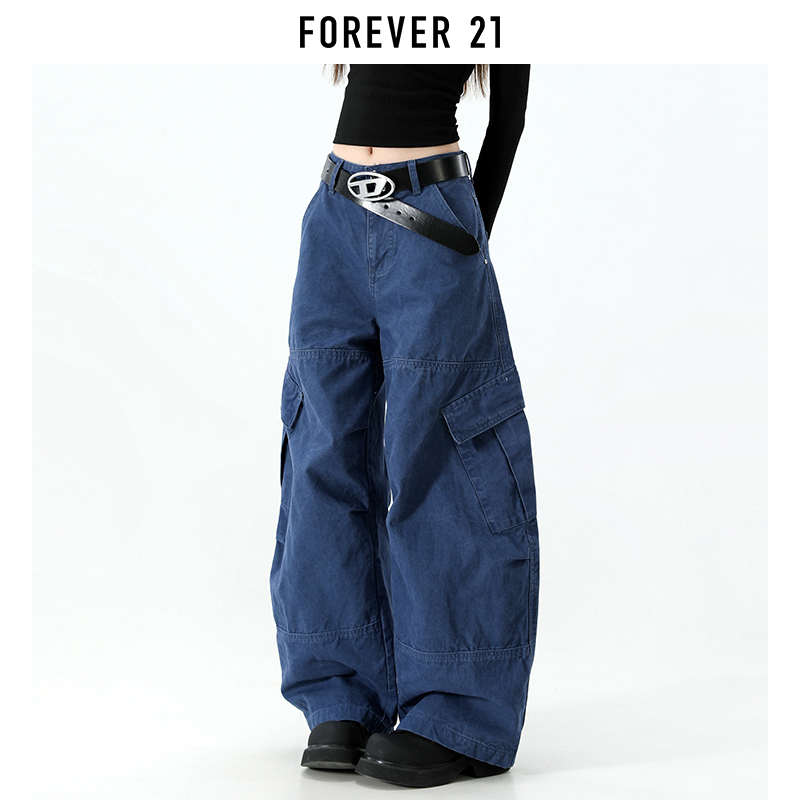 Forever 21 American-Style Multi-Pocket Blue Cargo Pants, Unisex, Low-Waisted, Slimming, Body-Covering, Wide-Leg Pants