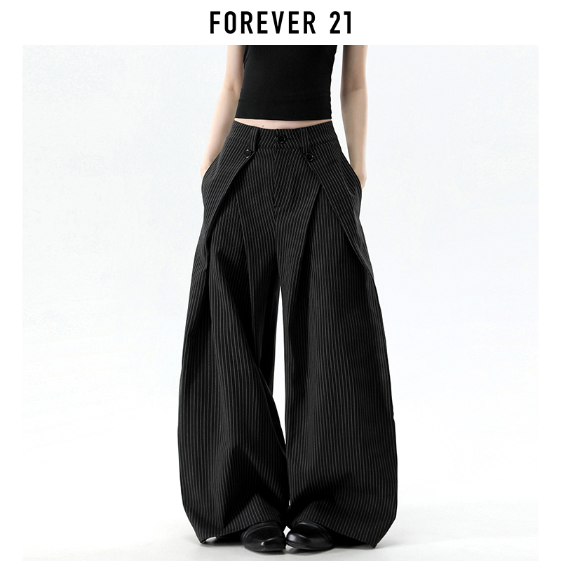 Forever 21 American-Style Black Striped Wide-Leg Suit Pants for Women, New Summer Design, Low-Waisted, Slimming Casual Pants Forever 21 American-Style Black Striped Wide-Leg Suit Pants for Women, New Summer Design, Low-Waisted, Slimming Casual Pants