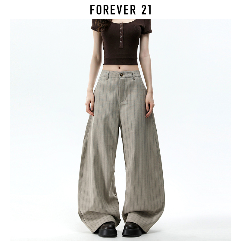 Forever 21 American-Style Khaki Striped Curved Pants for Women, New Summer Loose Relaxed Casual Trousers