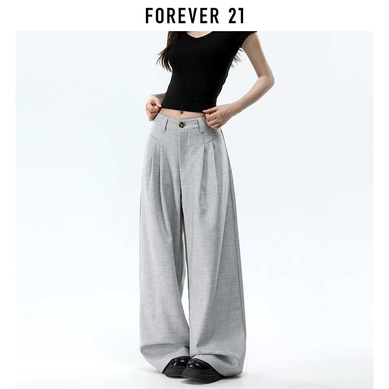 Forever 21 American Retro Light Gray Casual Trousers for Women, New Summer Style, Double Pleats, Slimming Wide-Leg Pants