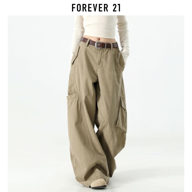 Forever 21 American-Style Workwear Khaki Multi-Pocket Wide-Leg Jeans for Women, Low-Waisted, Slimming, Body-Covering Straight-Leg Pants Forever 21 American-Style Workwear Khaki Multi-Pocket Wide-Leg Jeans for Women, Low-Waisted, Slimming, Body-Covering Straight-Leg Pants