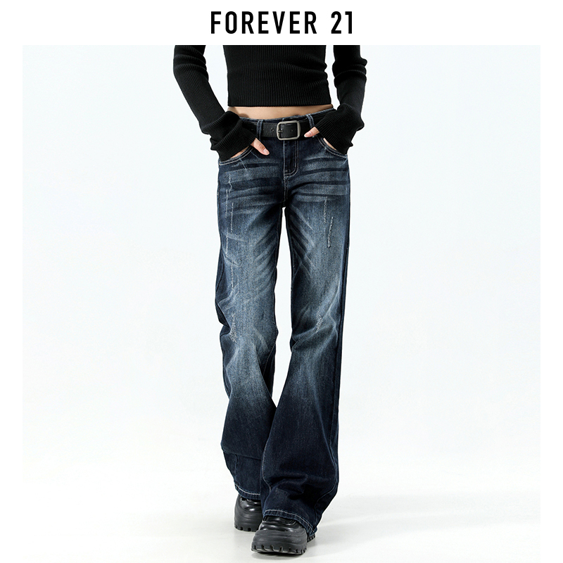 Forever 21 American Retro Blue-Gray Straight-Leg Flared Jeans for Women, Spring and Summer, Low-Waisted, Slim-Fit, Bootcut Pants