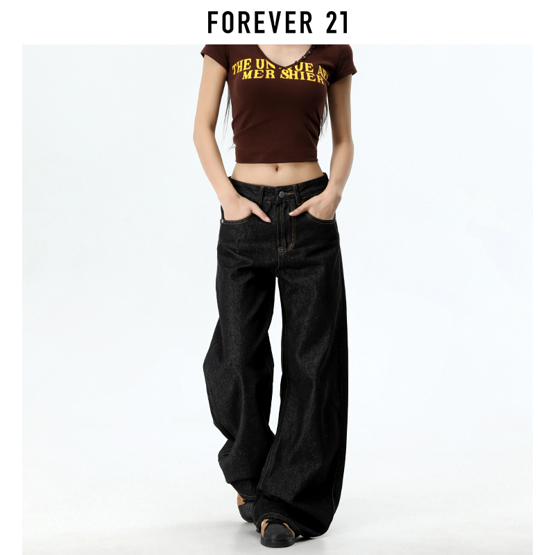 Forever 21 American-Style Denim Black Scimitar Jeans for Women, New Autumn and Winter Loose Fit, Slimming, Relaxed Wide-Leg Pants