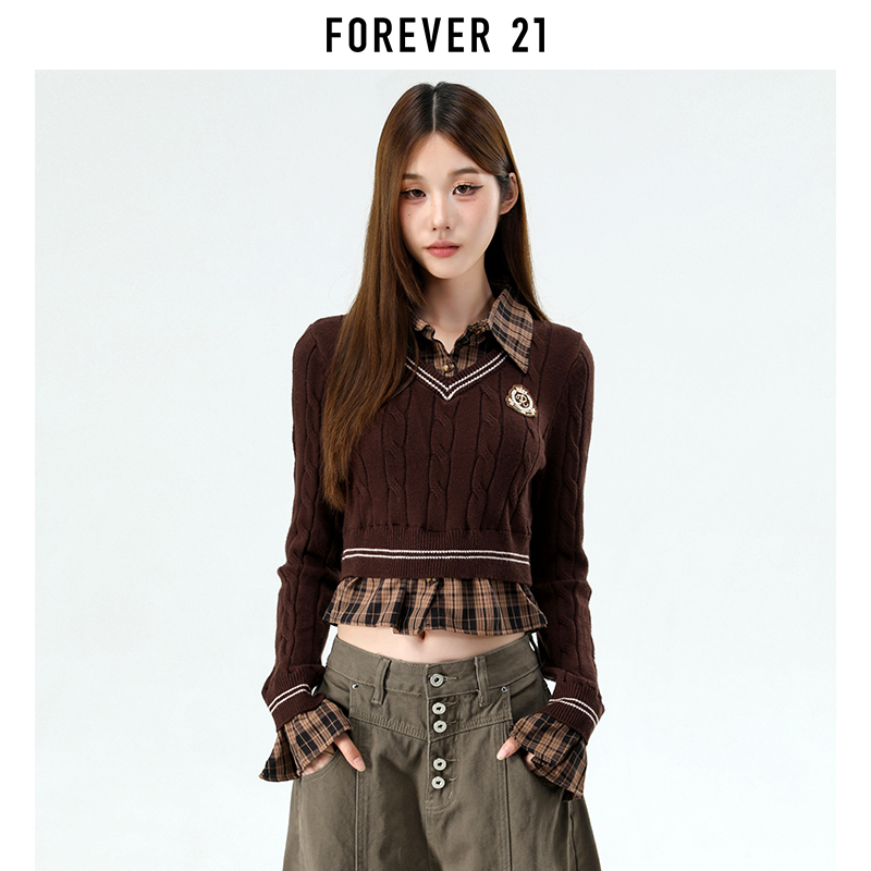 Forever 21 American-Style Coffee-Colored Faux Two-Piece Polo Collar Sweater for Women, New Autumn Slim-Fit Turn-Down Collar Knit Top Forever 21 American-Style Coffee-Colored Faux Two-Piece Polo Collar Sweater for Women, New Autumn Slim-Fit Turn-Down Collar Knit Top