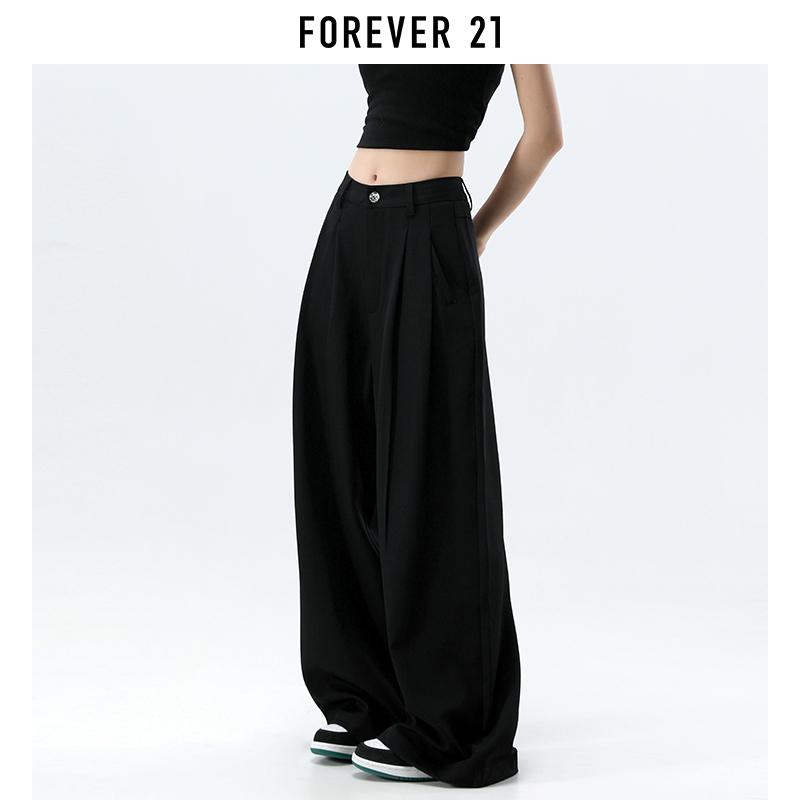 Forever 21 American-Style Black Pleated Wide-Leg Suit Pants for Women, Summer Thin Low-Waist Loose Casual Long Pants