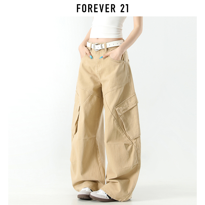 Forever 21 American-Style Workwear Khaki Wide-Leg Jeans for Women, Low-Waist Loose Design Straight-Leg Pants