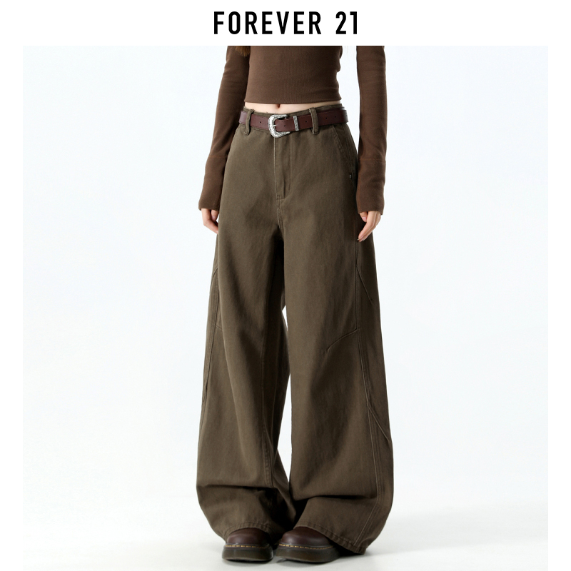 Forever 21 American Retro Brown Wide-Leg Jeans for Women, New Spring Low-Rise Melard Workwear Straight-Leg Pants