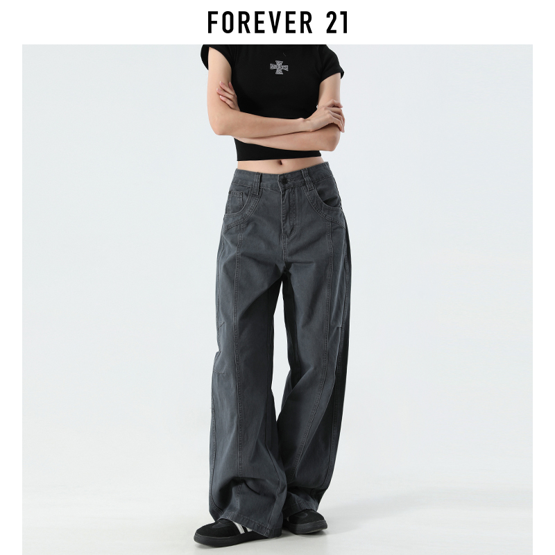 Forever 21 Dark Gray Wide-Leg Scimitar Jeans for Women, Spring New Low-Waist Loose Slimming Straight-Leg Pants