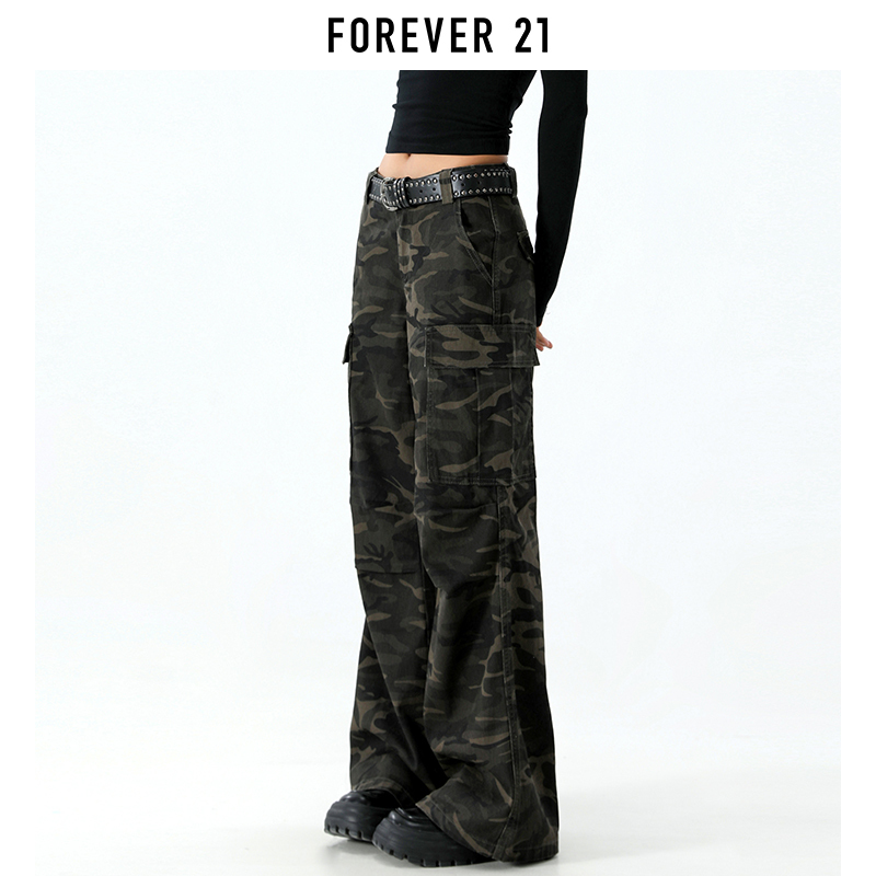 Forever 21 American-Style Multi-Pocket Camouflage Cargo Jeans for Women, New Spring Low-Rise Loose Slimming Flared Pants