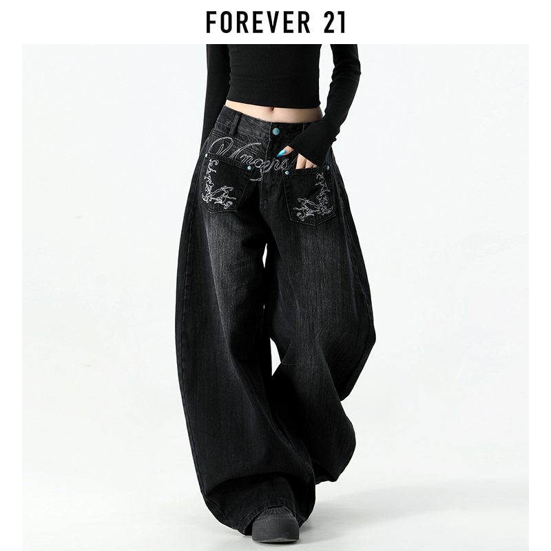 Forever 21 American Style Spicy Girl Black and Gray Washed Scimitar Jeans for Women, New Spring Embroidered Loose Wide-Leg Pants Forever 21 American Style Spicy Girl Black and Gray Washed Scimitar Jeans for Women, New Spring Embroidered Loose Wide-Leg Pants