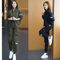 2024 New Spring and Autumn Black Suit Womens Korean Style Overalls Military Green Two-piece Suit High Waist Elastic Waist Slim Women