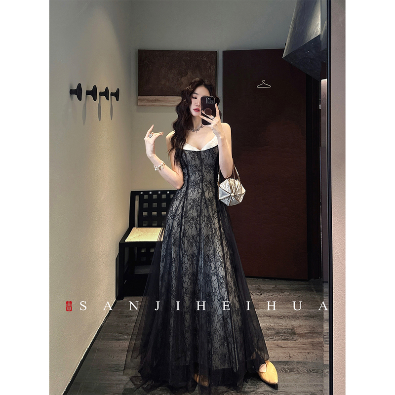 Sanzhi Heihua [Flower Branch Shadow] New Chinese-Style Sequin Lace Early Spring Beautiful Dress, Stunning Long Strap Dress