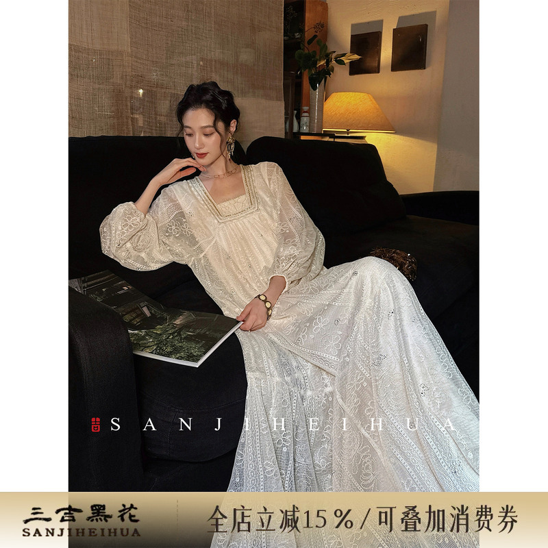 Sanji Heihua [Mulan Ci] Fake Two-Piece Dress with Three-Dimensional Warp-Knitted Lace, Rhinestone Embellishments, and Jacquard Pattern, Very Beautiful