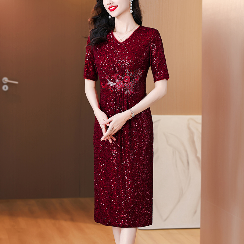 Light Luxury Happy Mother-In-Law High-End Heavy-Duty Sequin Dress Women's Summer Mother's Dress Waist Slimming Look Burgundy Dress