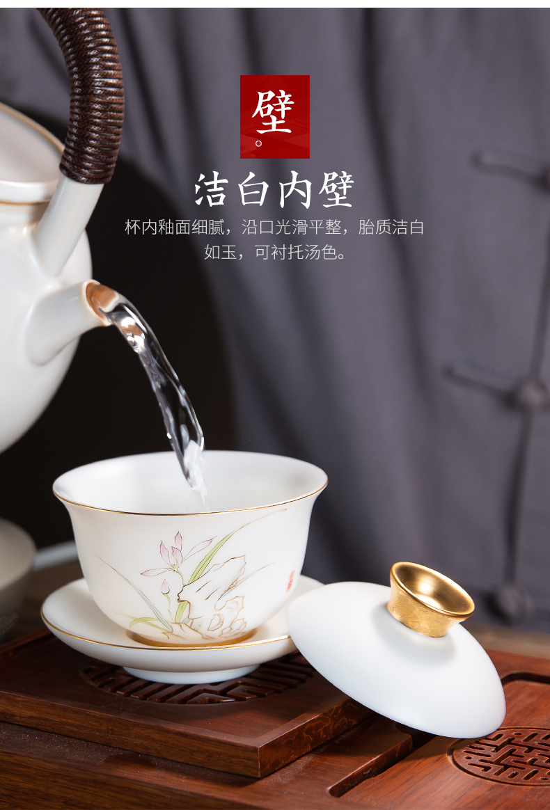 Chinese white gold ceramic tea set suit household suet jade porcelain kung fu tea set key-2 luxury of a complete set of tea pot lid bowl