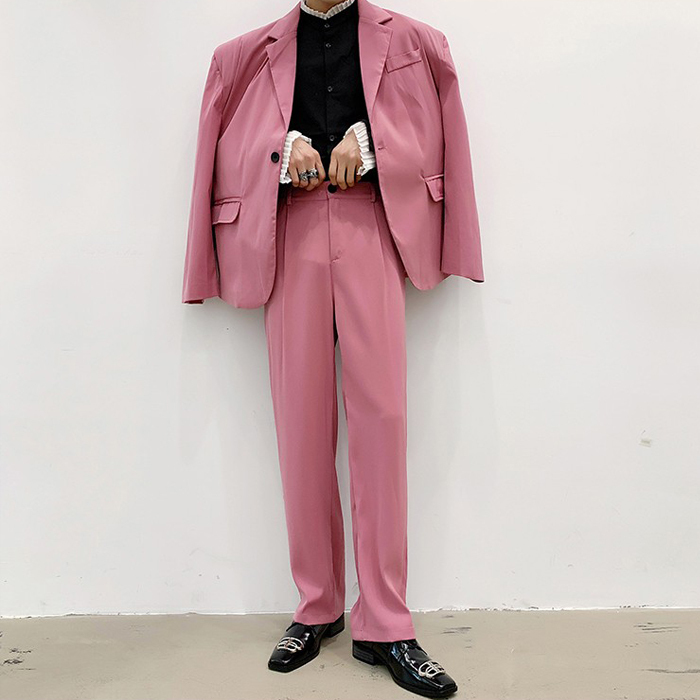 Korean Stylish Men's Pink Suit Jacket, Retro Korean Style Trendy Internet Celebrity Handsome Nightclub Blazer