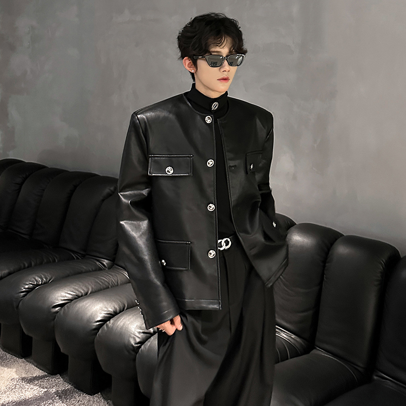 Korean-Style High-End Chanel-Inspired Black Leather Jacket for Men, Loose and Minimalist Pu Leather Jacket Without Collar and with Shoulder Pads