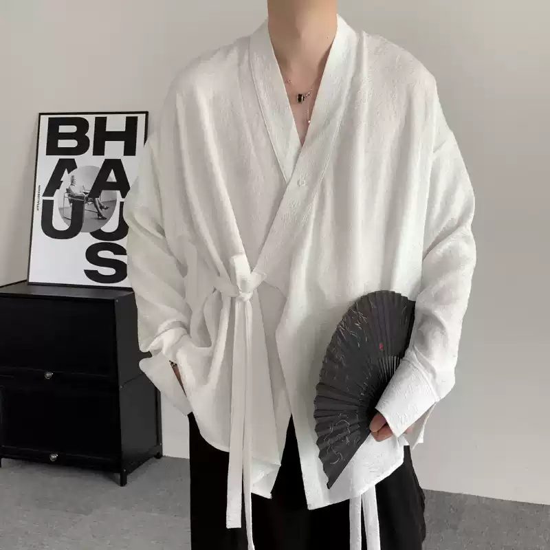 sơ mi nam công sở Áo len cardigan phong cách Trung Quốc mới lười biếng của Yohji Yamamoto dành cho nam và nữ Áo khoác sơ mi trắng cổ chéo dài tay dây đeo Zen áo sơ mi tay bồng hàn quốc