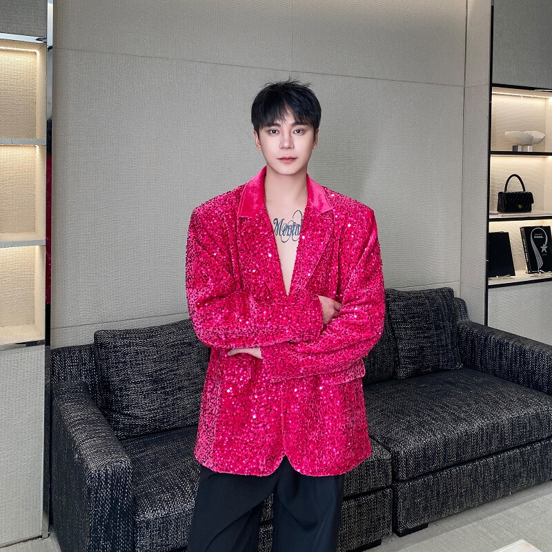 Korean Sequin Pink Suit for Men, Niche Design Performance Outfit, Singer Dj Nightclub Fashionable Suit Jacket