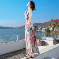 2021 Spring and Summer New Chiffon Dress Hainan Sanya Slim Long Skirt Travel Vacation Bohemian Skirt