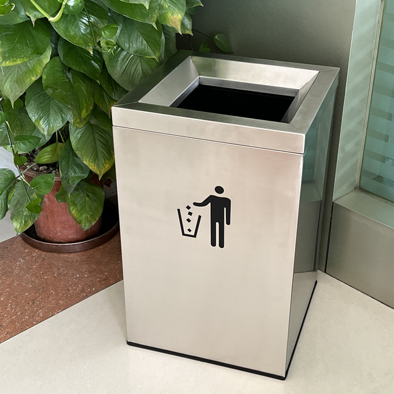 80-Liter Stainless Steel Direct-Fill Trash Can, Square, Without Lid, for Under-Sink Use in Bathrooms, Commercial Use in Company Corridors and Elevator Entrances