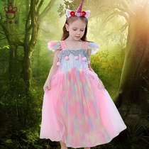 Girls jumpsuit summer thin childrens foreign style princess dress Net Red Unicorn Girl cos performance costume